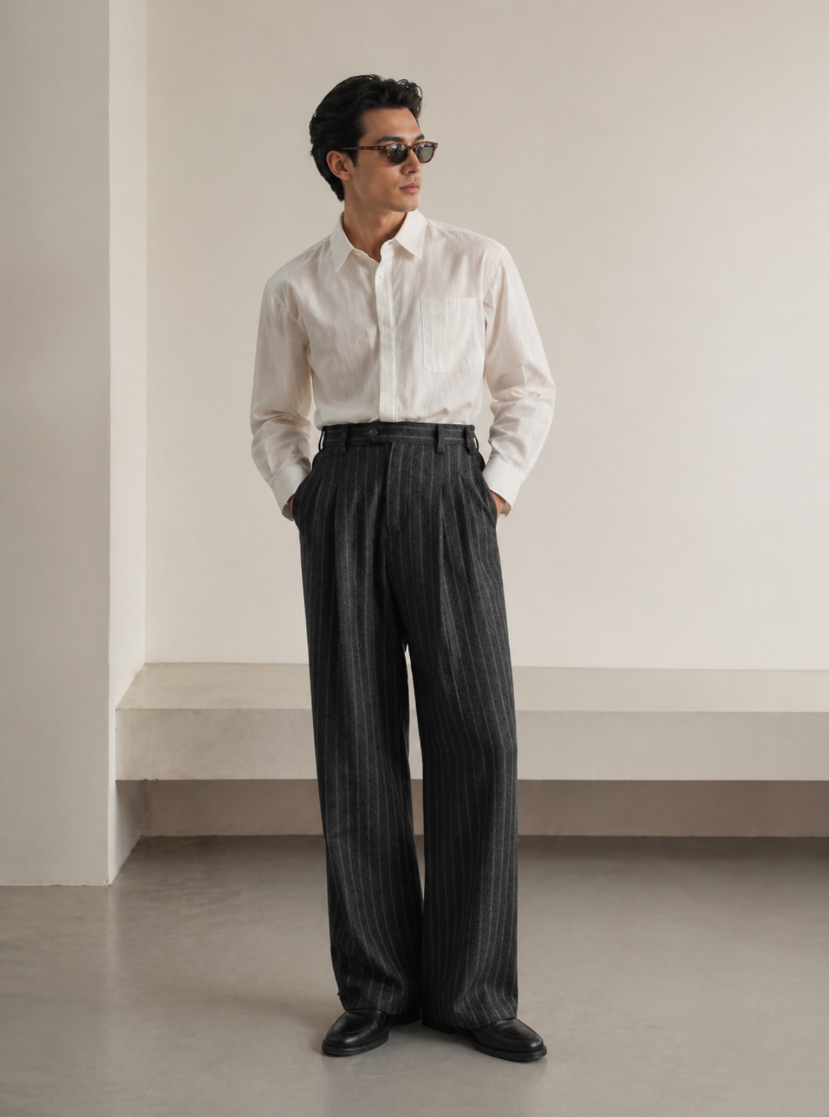 Man wearing a white shirt and dark pants in a minimalistic setting