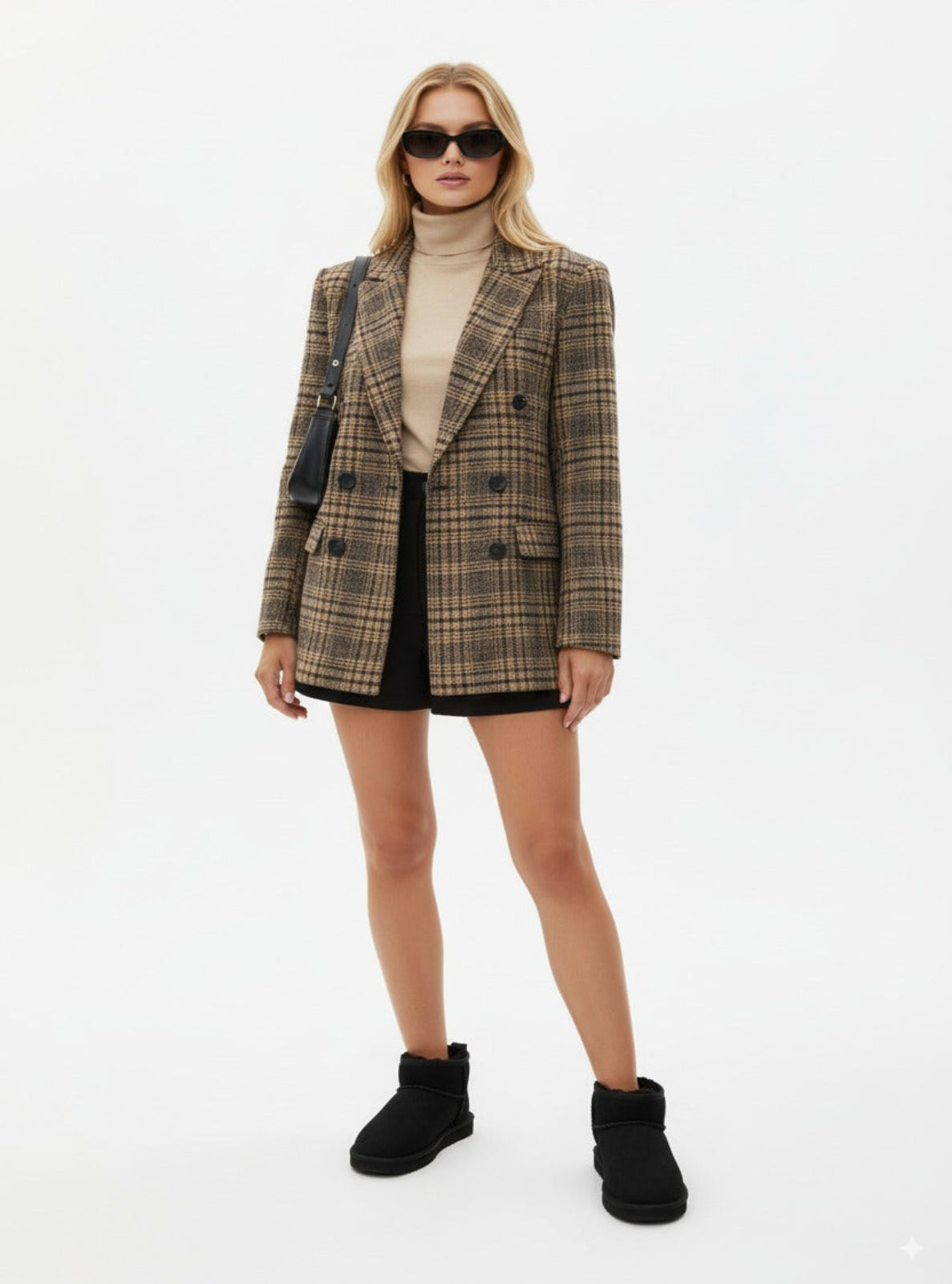 Woman wearing a plaid blazer, beige turtleneck, black skirt, and black boots on a white background