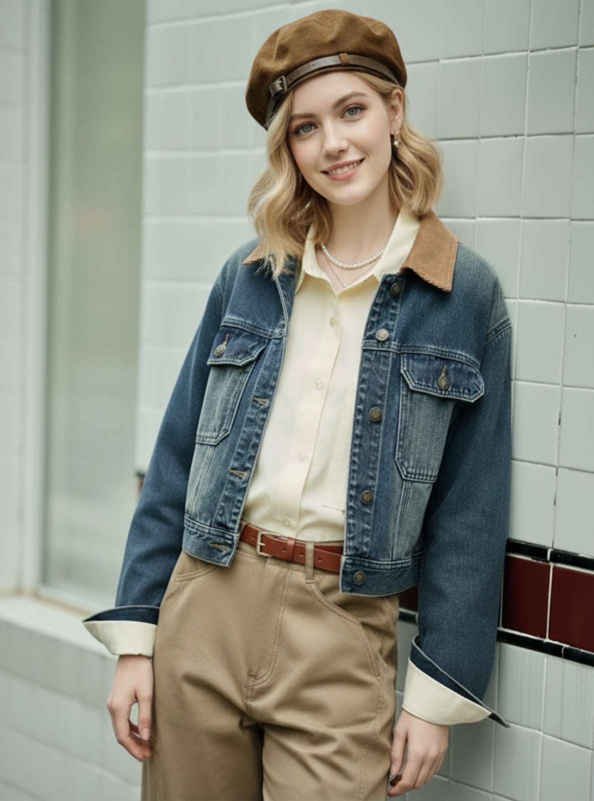 Person wearing a denim jacket with a brown hat and beige pants against a tiled wall.