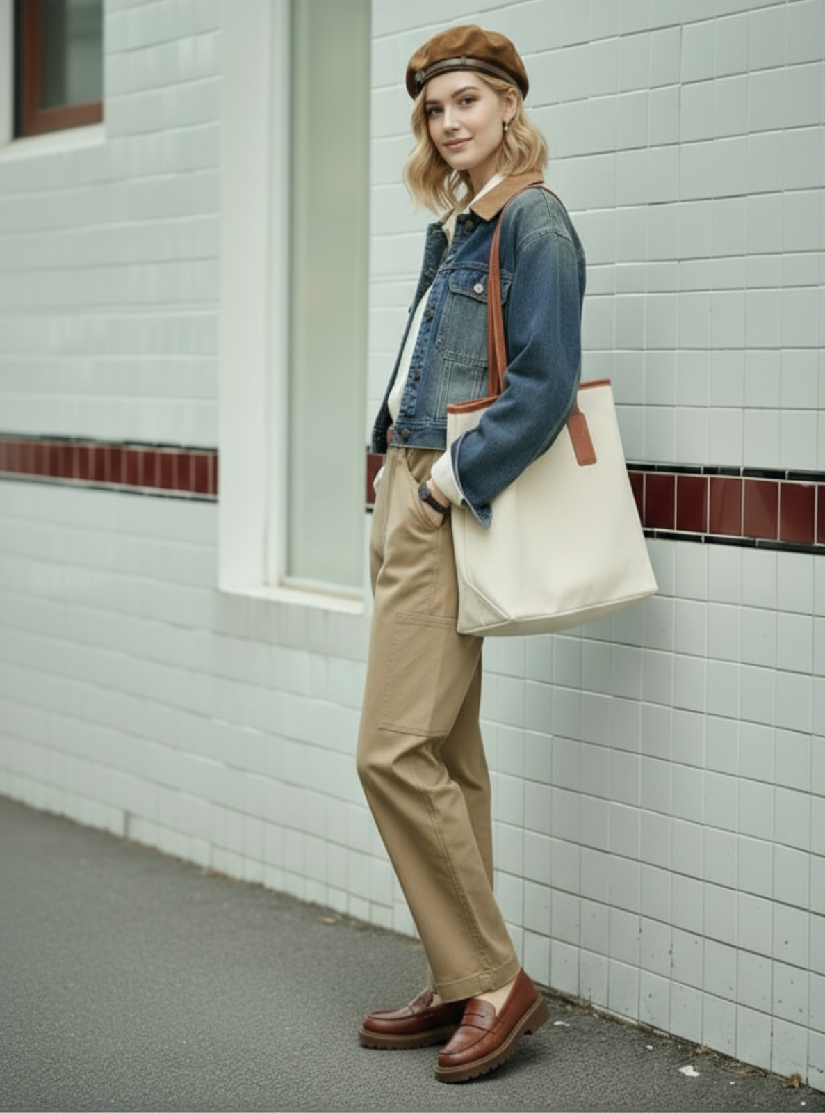 Person wearing a denim jacket, beige pants, and brown shoes against a light-colored wall.