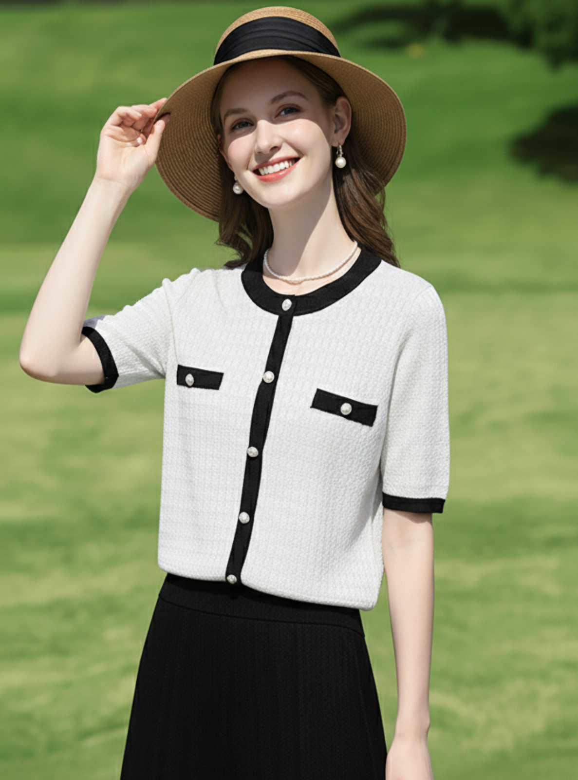 Woman wearing a white short-sleeve blouse with black accents and a black skirt, standing on grass.