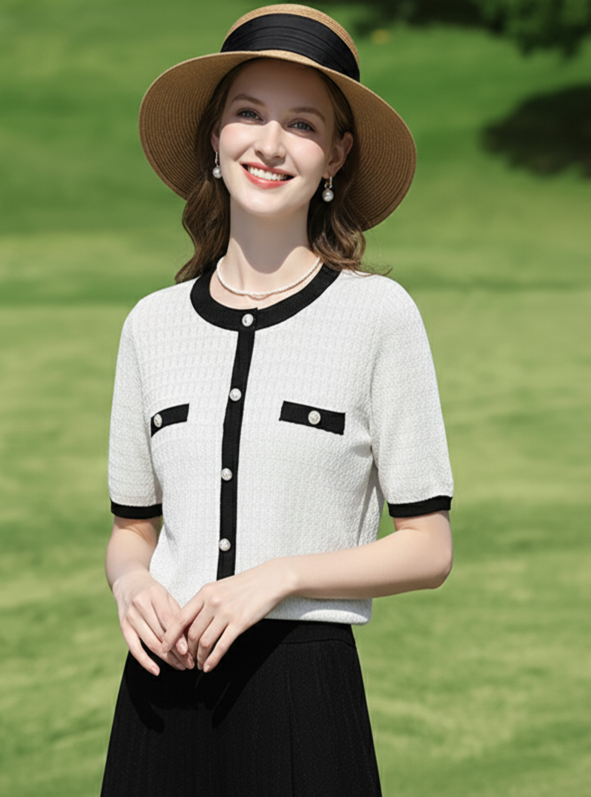 Woman wearing a white blouse with black accents and a wide-brimmed hat in a grassy outdoor setting