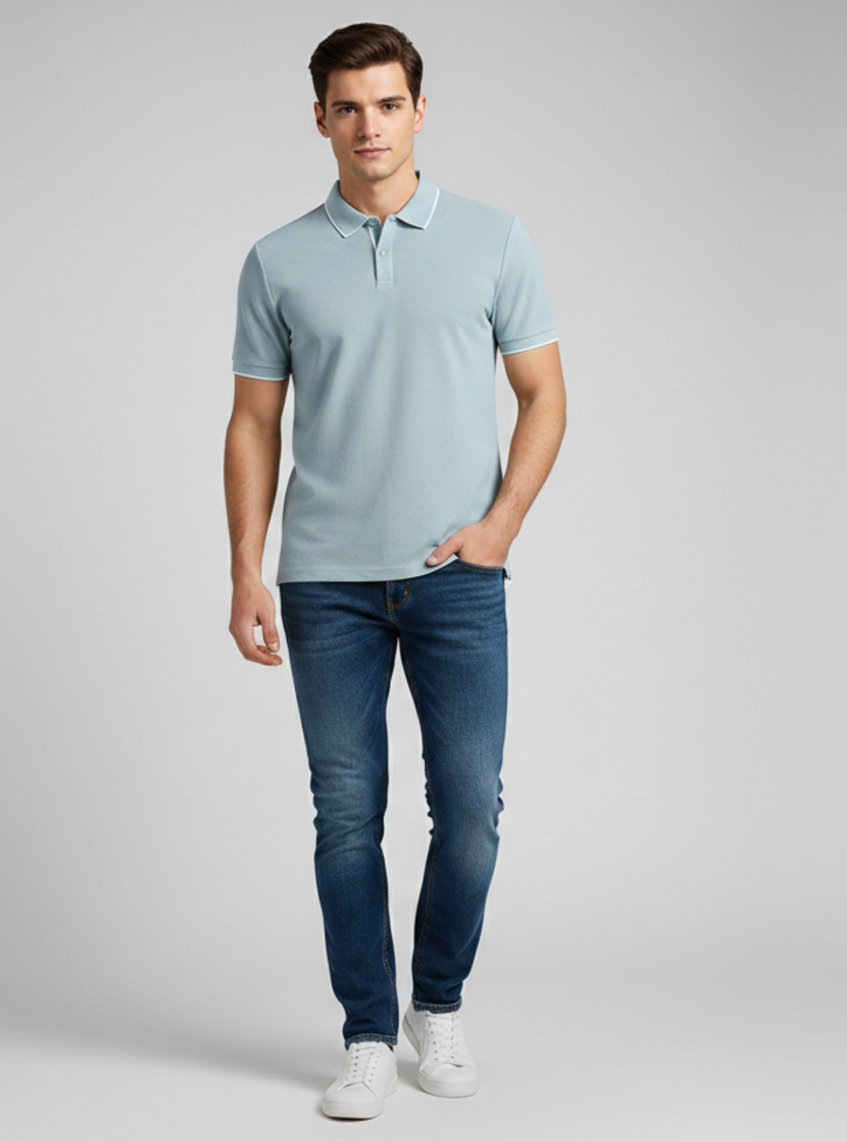Man wearing a light blue polo shirt and jeans on a gray background