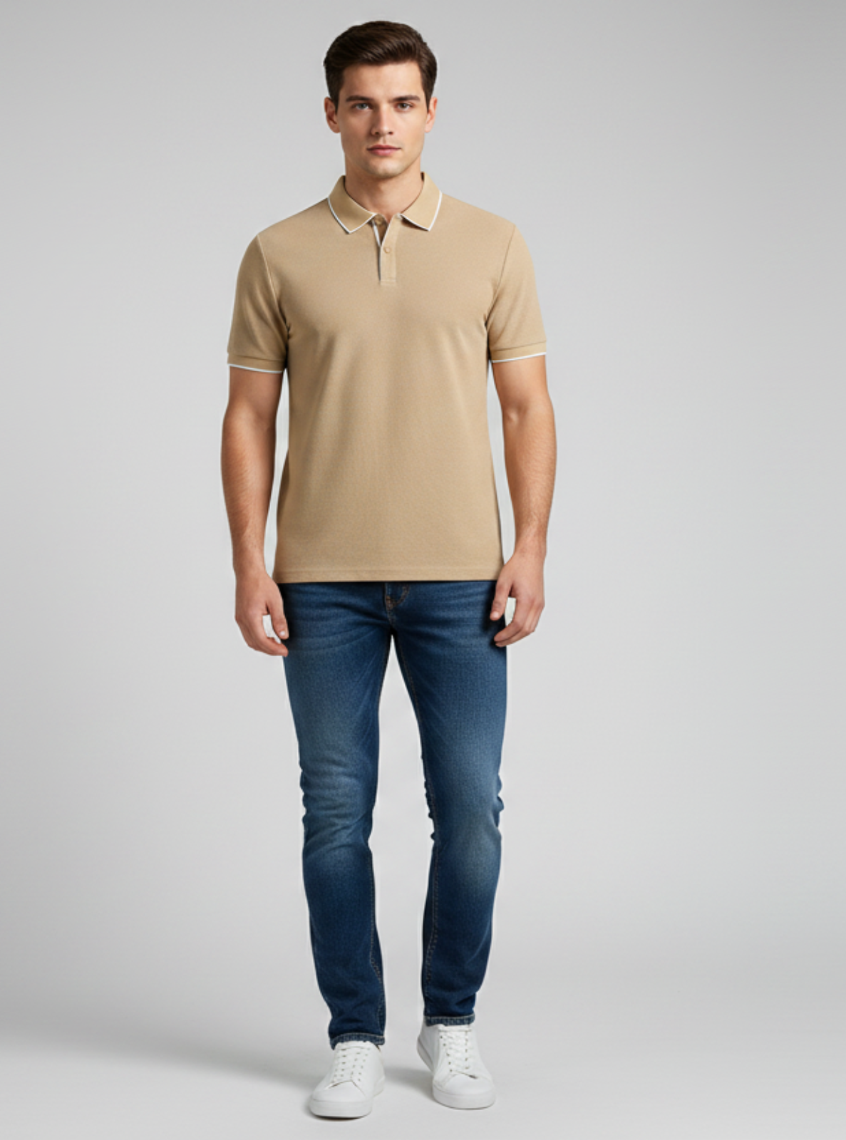 Man wearing a beige polo shirt and blue jeans on a gray background