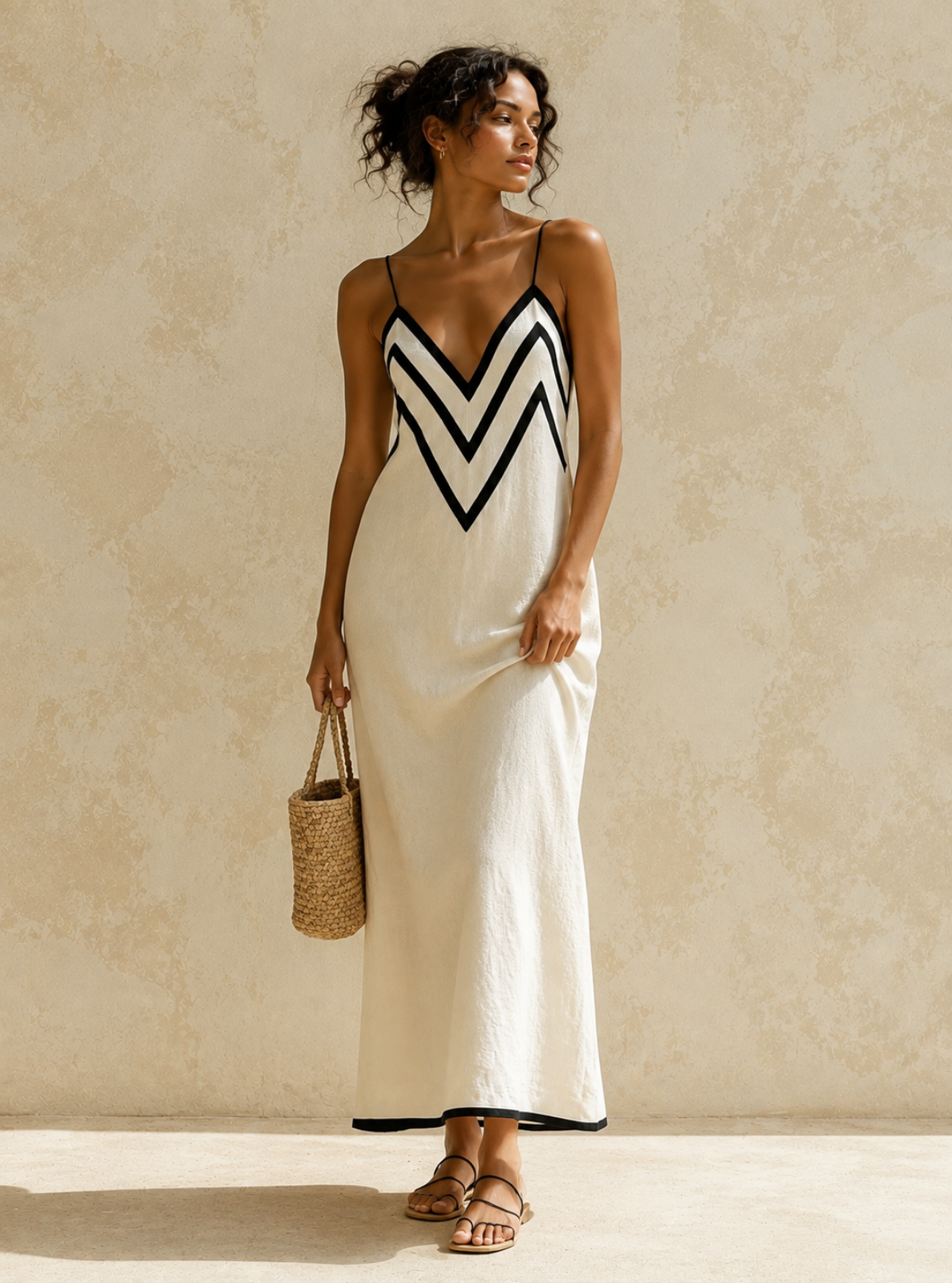 A woman models a white maxi slip dress with black chevron trim on the bodice, holding a small woven straw bag against a textured beige wall.