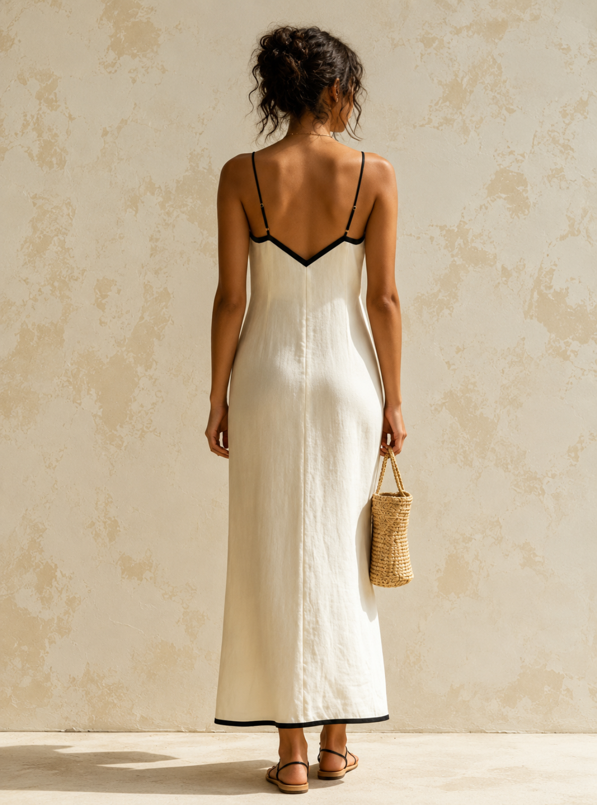 A woman stands with her back to the camera wearing a long white slip dress with black trim along the straps, neckline, and hem. She is holding a small woven straw bag against a textured beige wall.