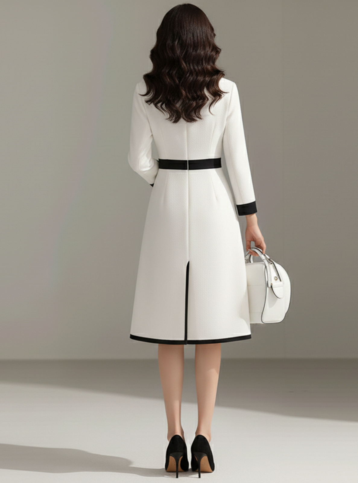 Woman wearing a white coat with black trim, holding a matching handbag on a plain background