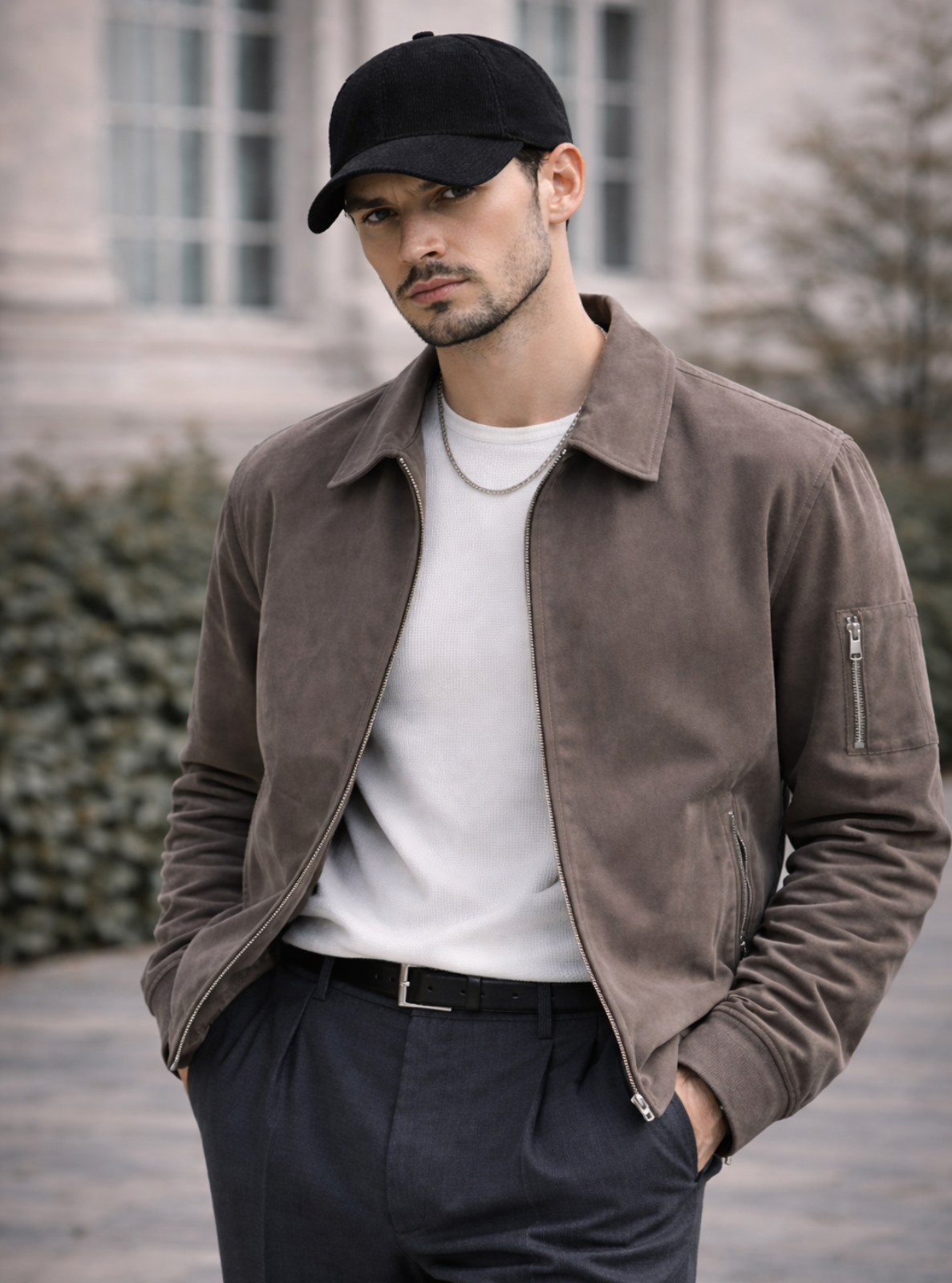Man wearing a brown jacket, black cap, and white shirt outdoors.