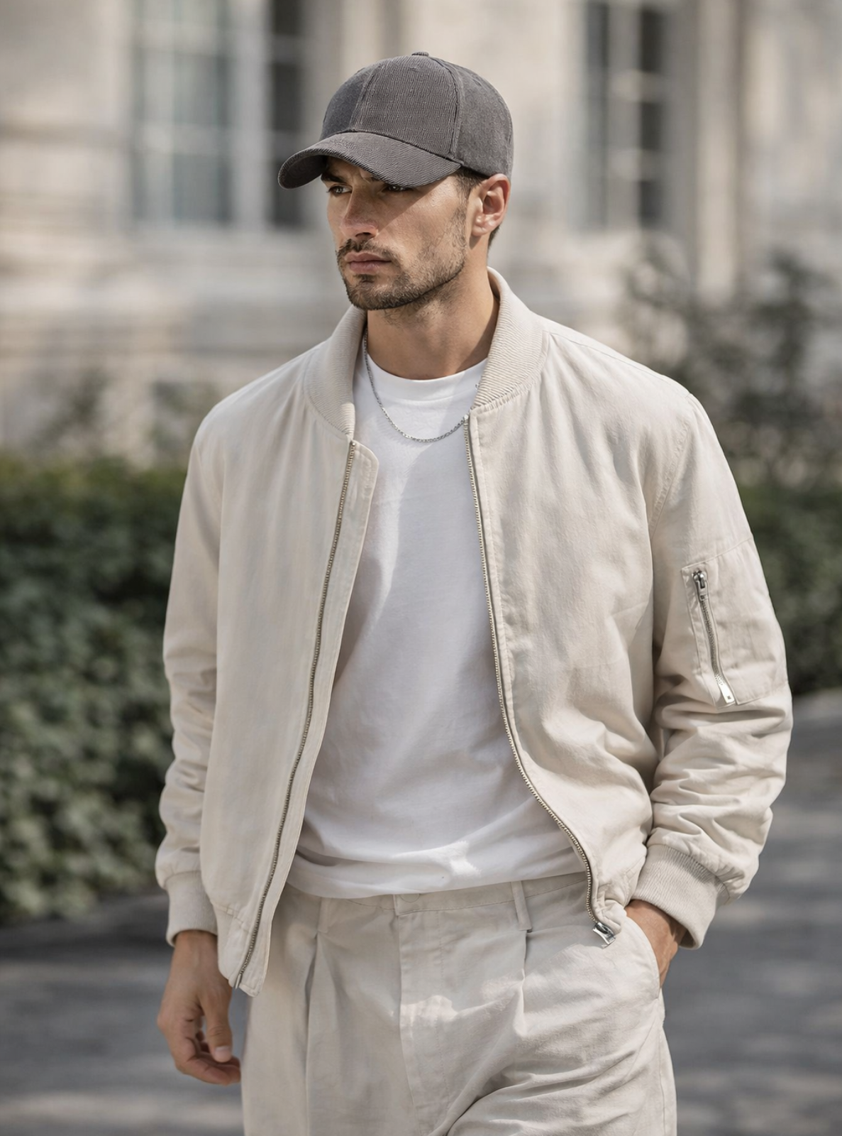 Man wearing a beige bomber jacket, gray cap, and light gray pants standing outdoors.