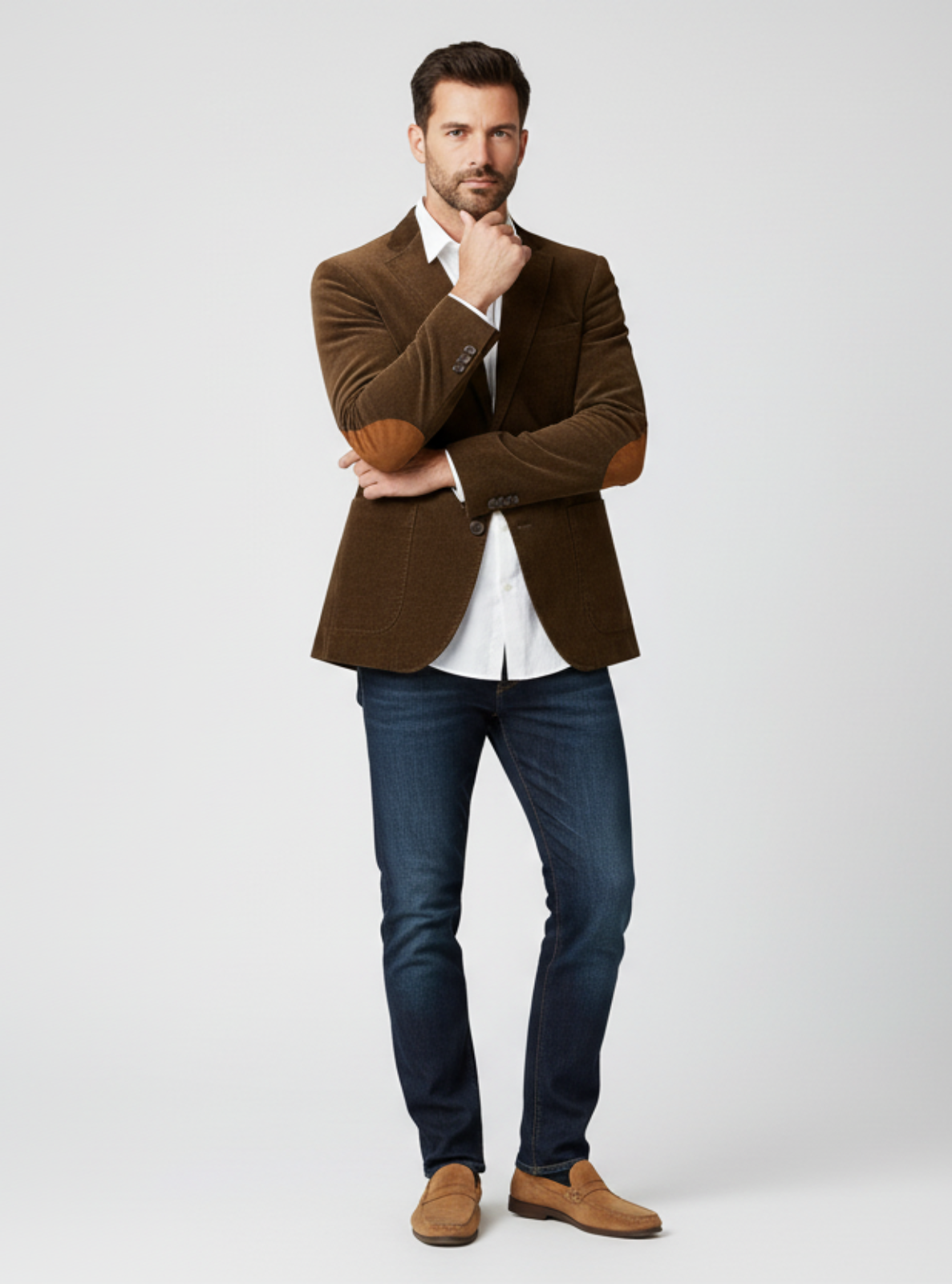 Man wearing a brown jacket, white shirt, blue jeans, and brown shoes on a light gray background