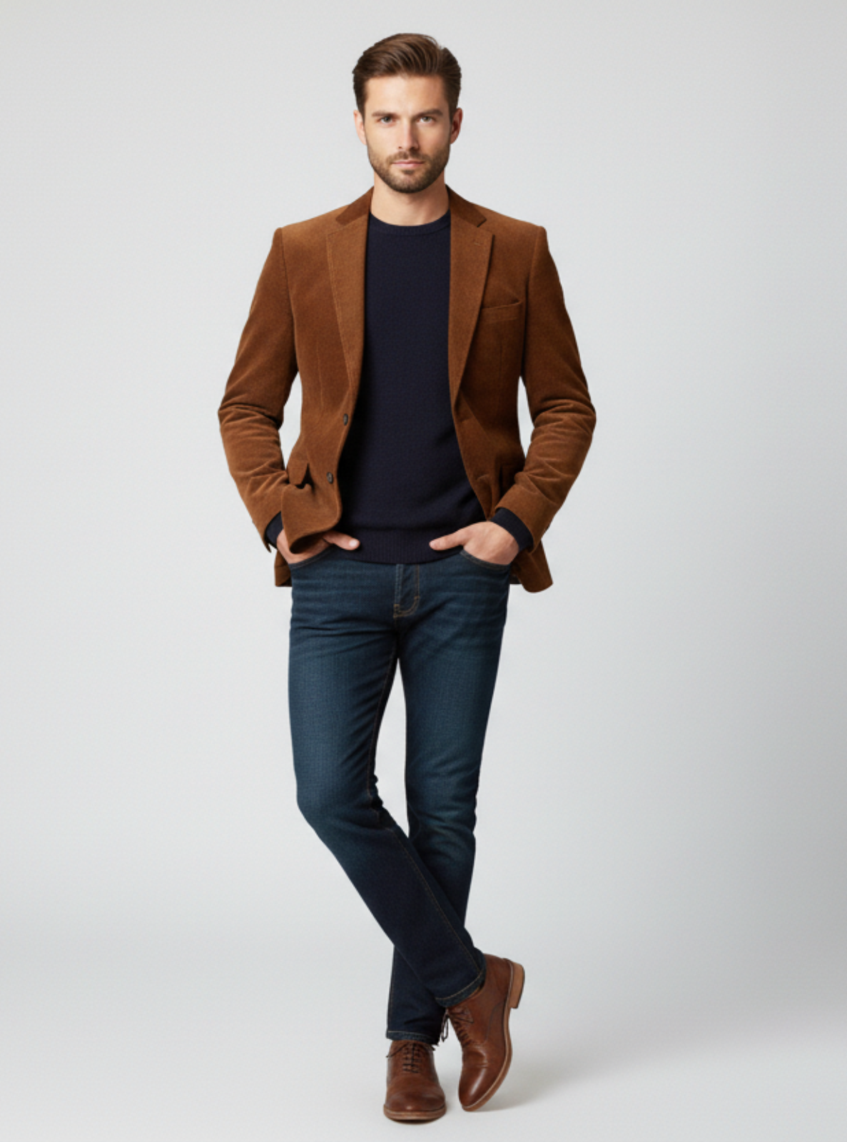 Man wearing a brown blazer, black shirt, and blue jeans on a white background