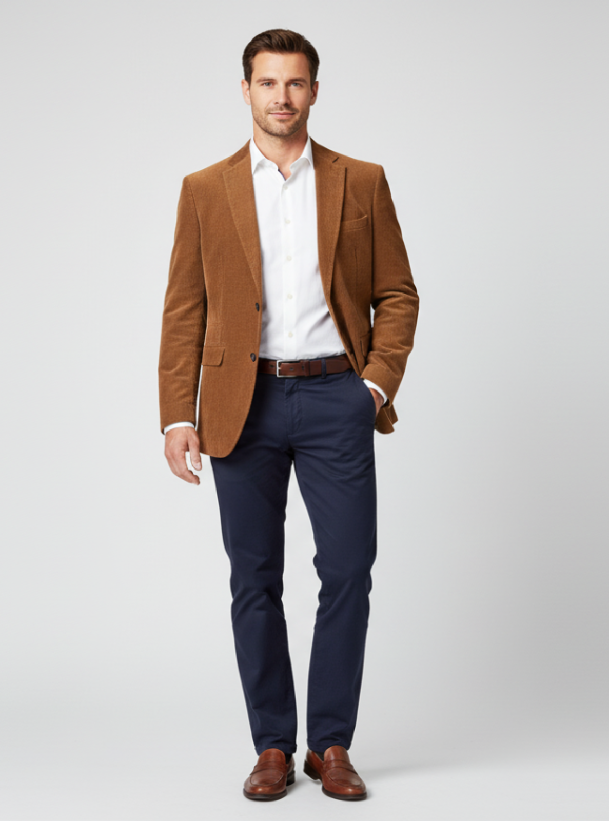 Man wearing a brown blazer, white shirt, and blue pants on a light gray background