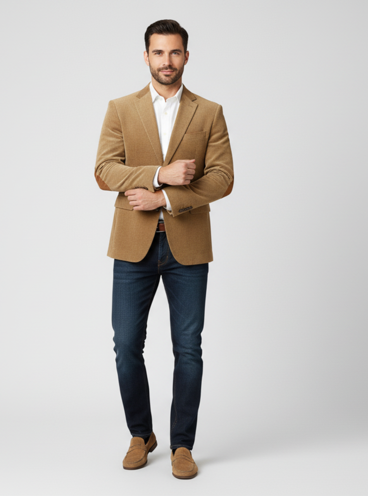 Man wearing a tan blazer, white shirt, and blue jeans on a light gray background