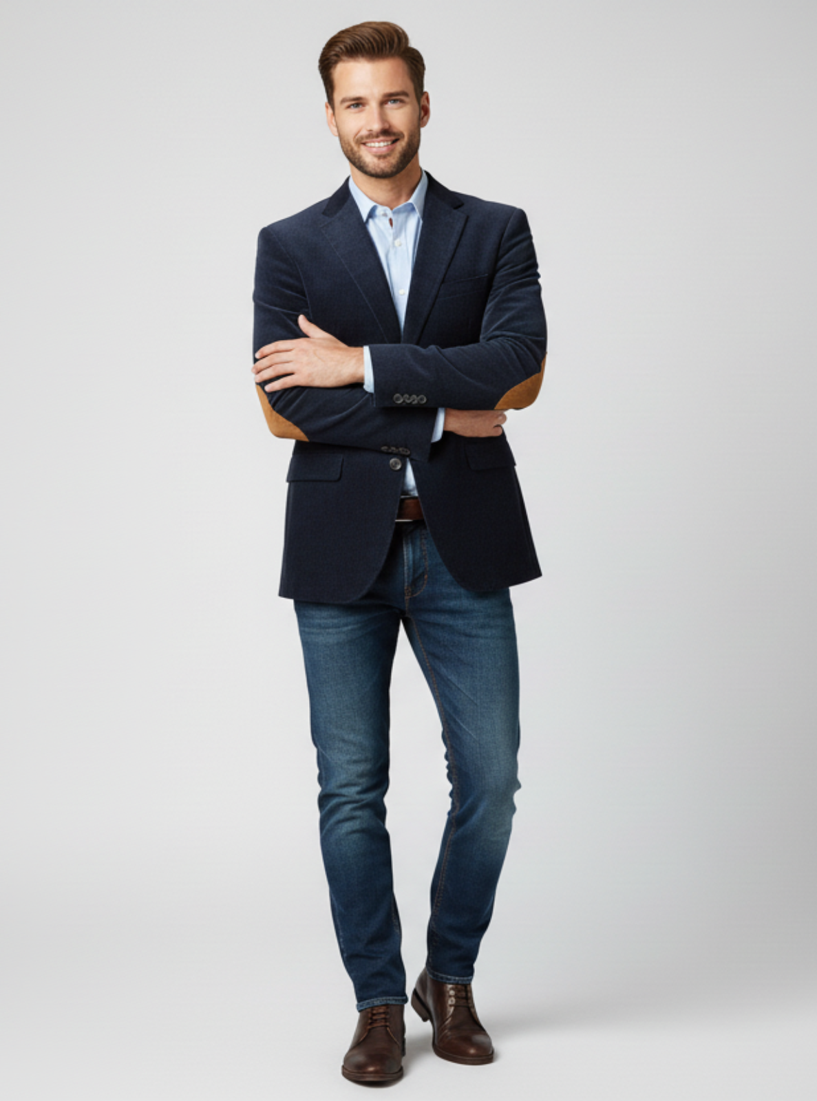 Man wearing a dark blazer, light shirt, and jeans standing against a plain background