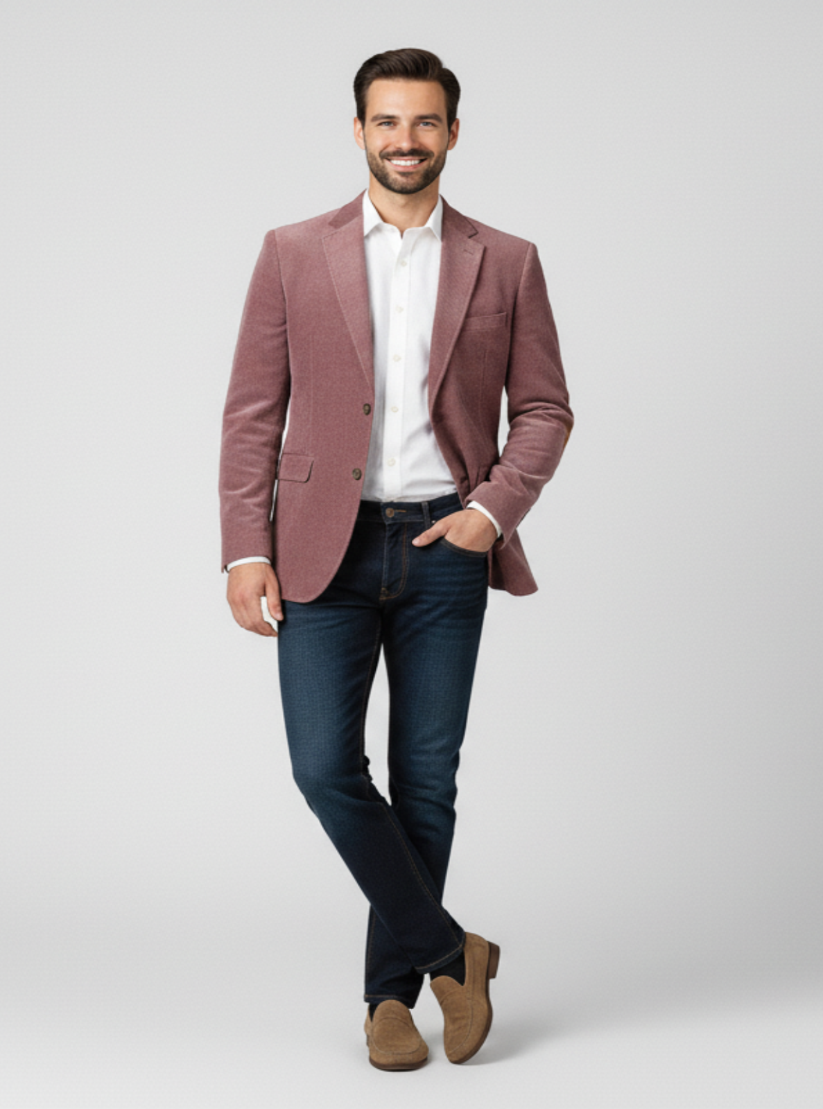Man wearing a maroon blazer, white shirt, dark jeans, and brown shoes on a light gray background