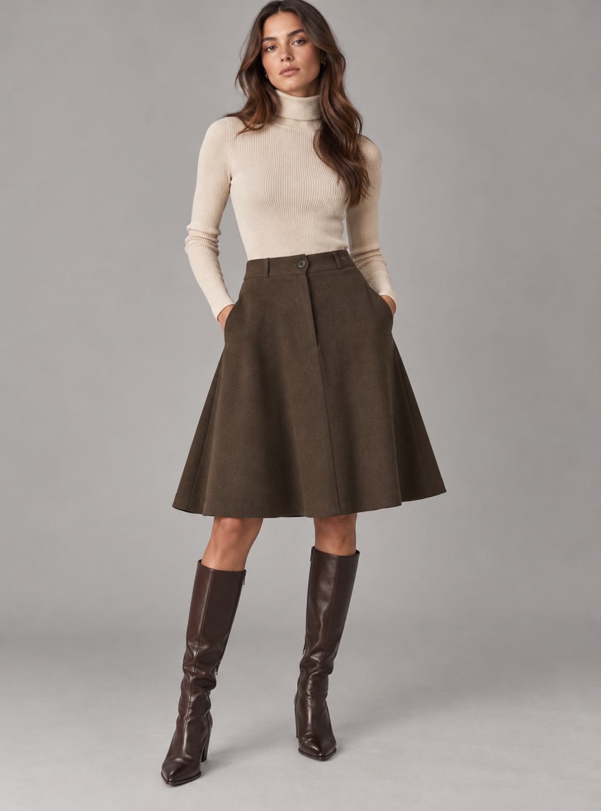 A woman modeling a high-waisted, flared brown skirt paired with a cream ribbed turtleneck sweater and dark brown knee-high boots, set against a solid gray studio background.