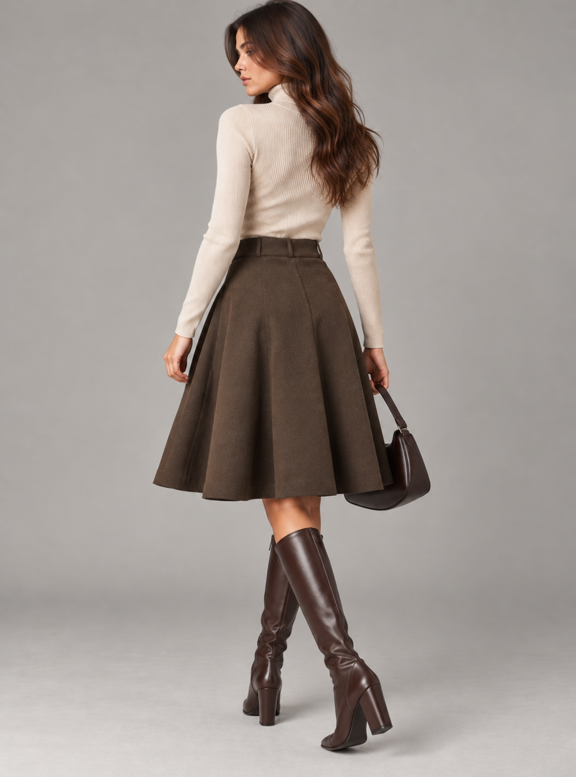 A woman shown from the back wearing a cream mock-neck long-sleeve sweater, a brown A-line skirt with a matching belt, dark brown knee-high boots, and carrying a dark brown handbag, set against a solid gray studio background.