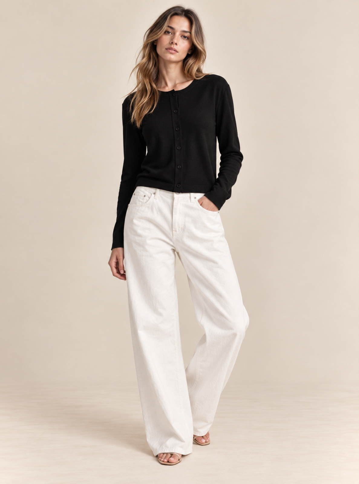 A woman modeling a black long-sleeve button-front top and white wide-leg pants against a plain beige studio background.