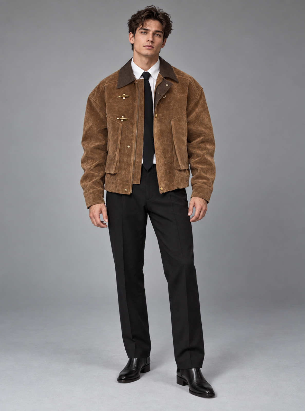 A man modeling a brown suede jacket with toggle closures, worn over a white shirt, black tie, and black trousers, standing against a neutral gray studio background.