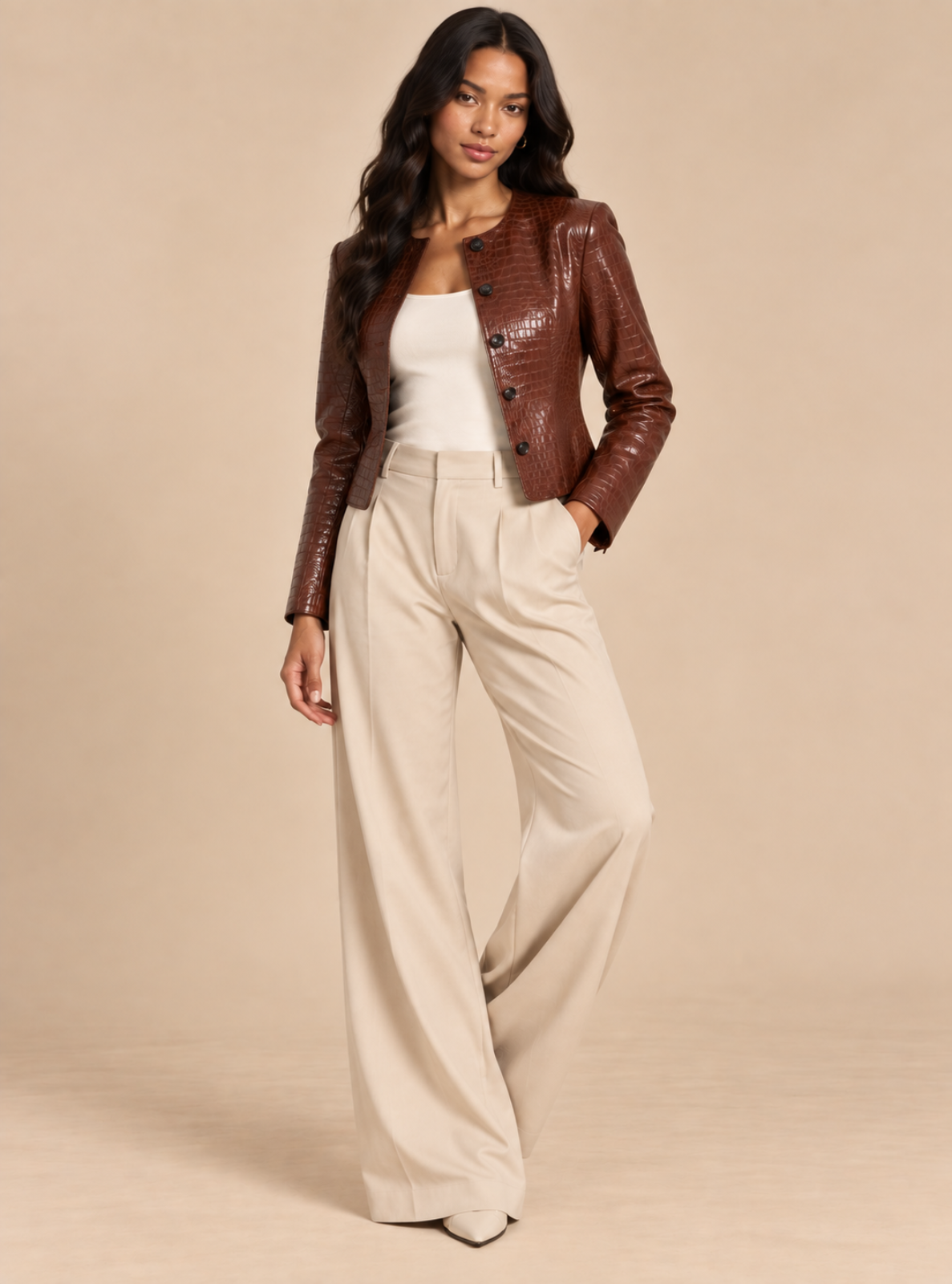 A woman modeling a brown crocodile-embossed leather jacket, styled with a white tank top and high-waisted, wide-leg beige trousers, against a solid beige studio backdrop.