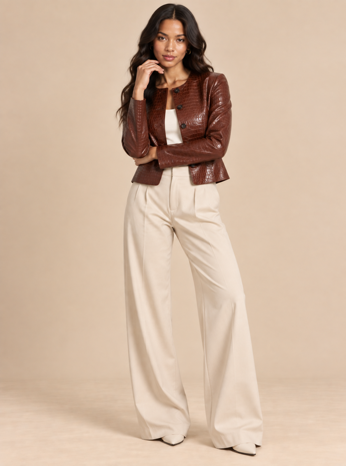 A woman modeling a cropped brown faux-leather jacket over a white top and cream wide-leg trousers, standing against a solid beige studio background.