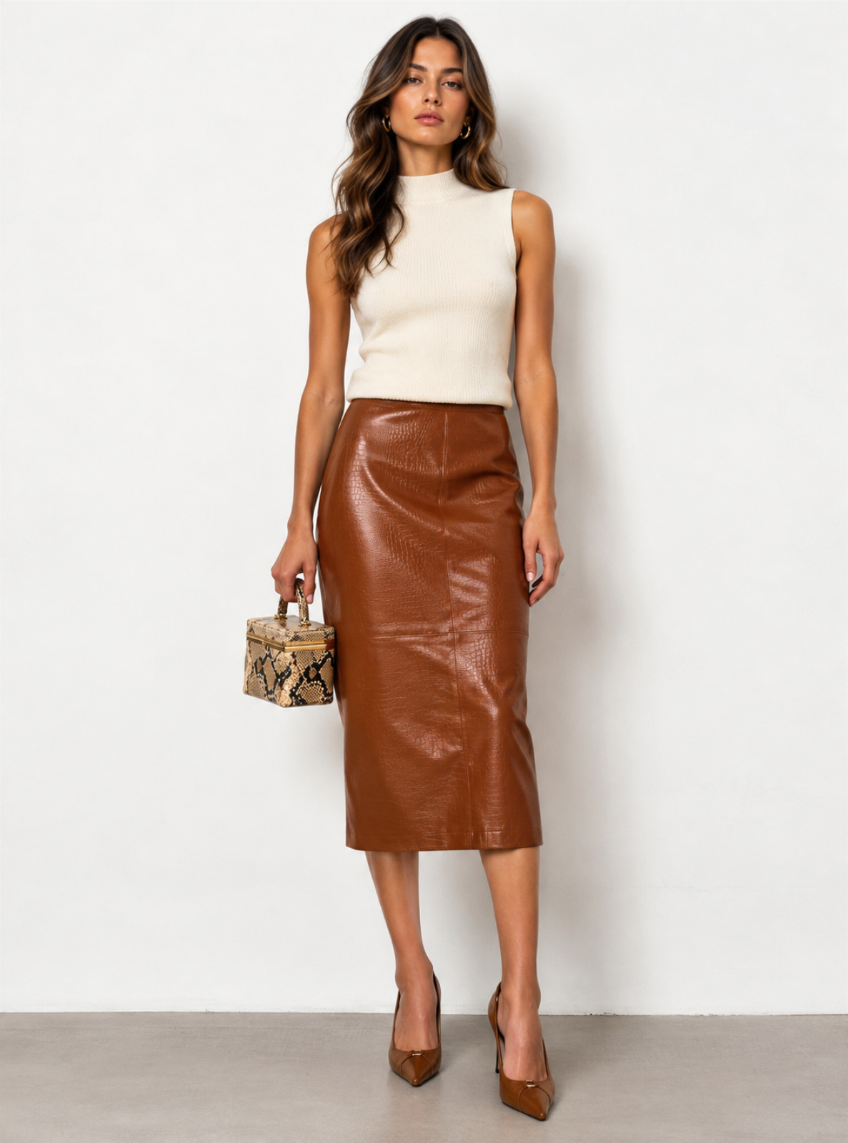 A woman stands against a plain light wall wearing a sleeveless cream knit top and a brown faux-leather midi skirt, holding a small snakeskin-pattern handbag and wearing brown pointed heels.