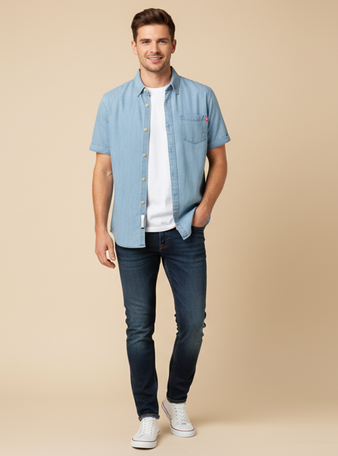 Man wearing a light blue denim shirt, white t-shirt, dark jeans, and white sneakers on a beige background