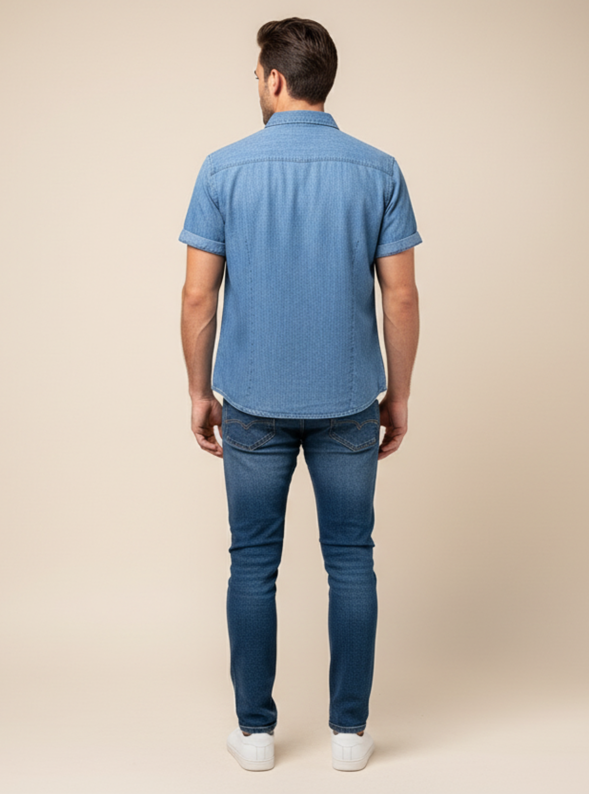 Man wearing a blue shirt and jeans on a beige background