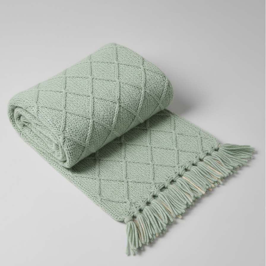 Light green textured blanket with tassels on a light gray background