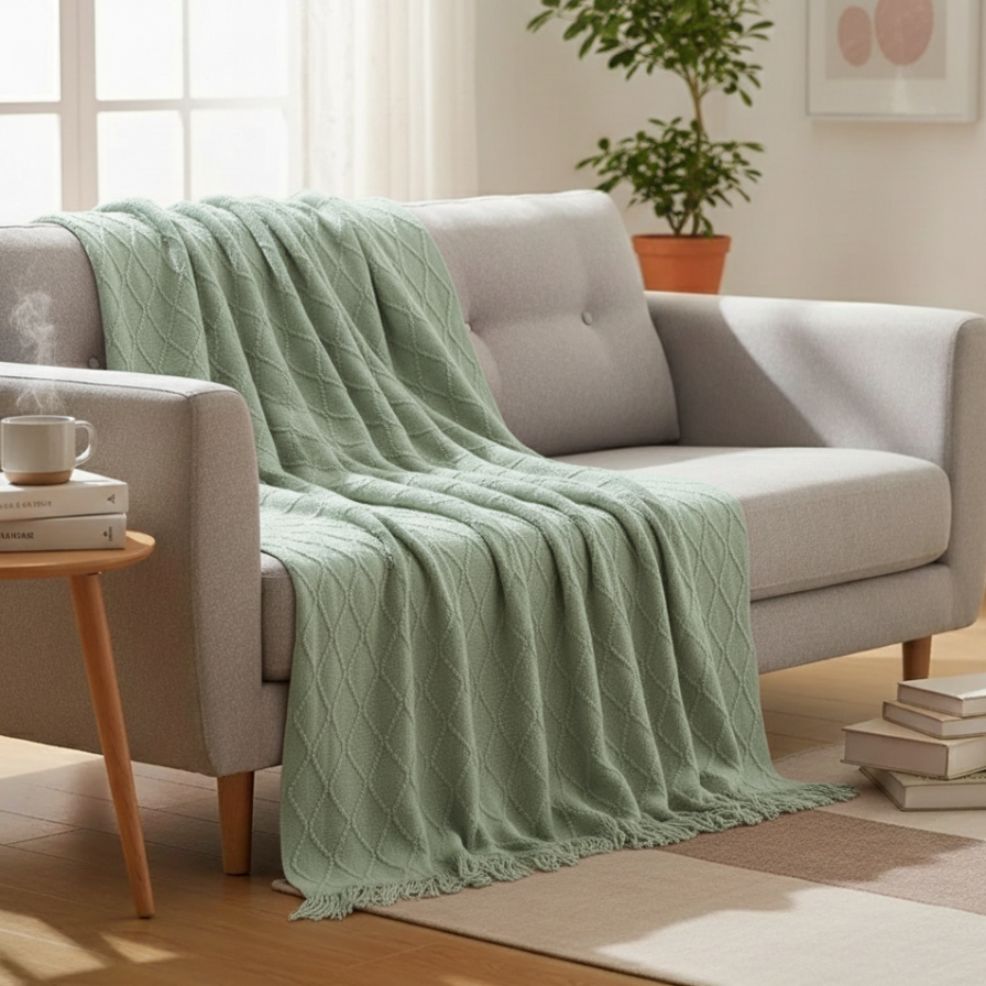 Green blanket draped over a gray sofa in a cozy living room.
