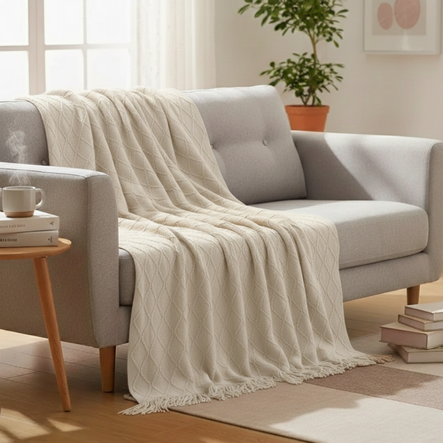 Beige blanket draped over a gray sofa in a cozy living room.