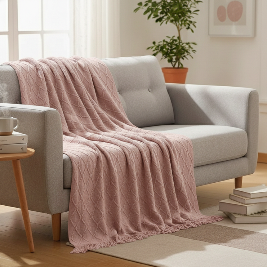 Pink blanket draped over a gray sofa in a cozy living room.