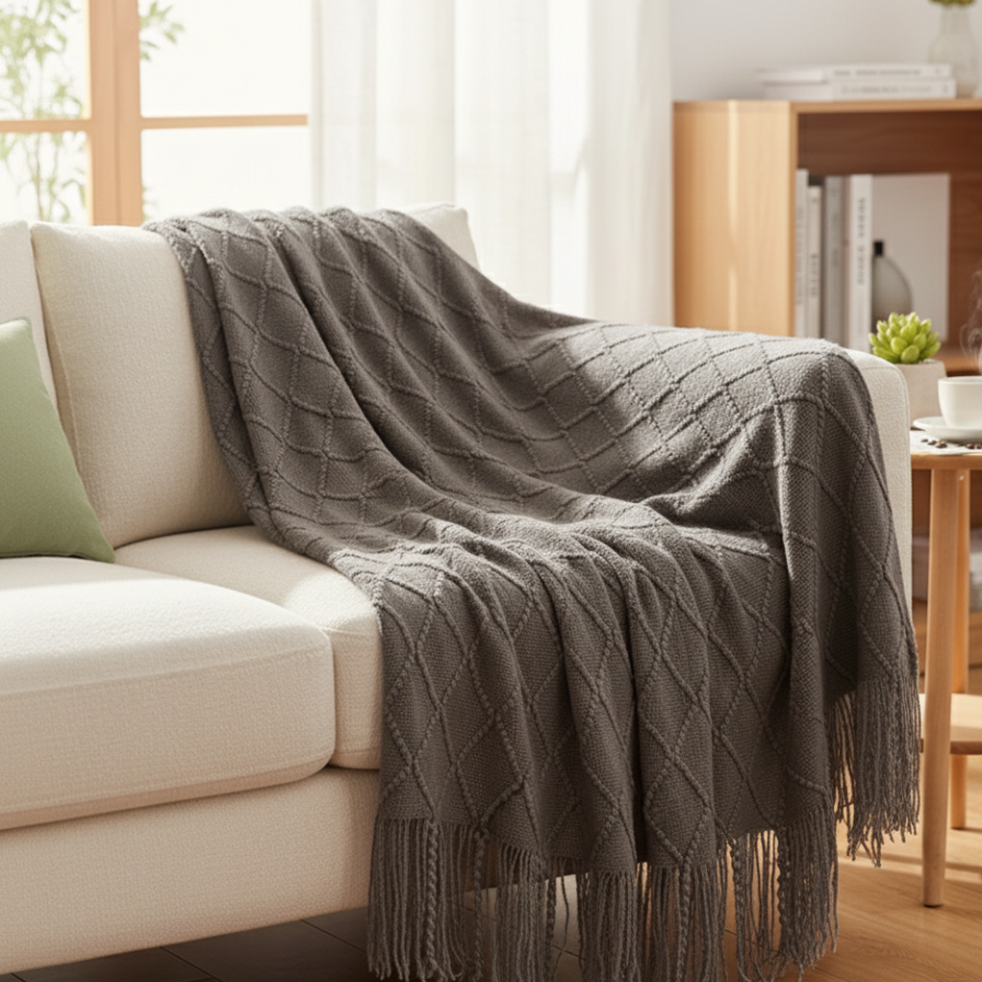 Gray textured throw blanket draped over a beige sofa in a cozy living room.