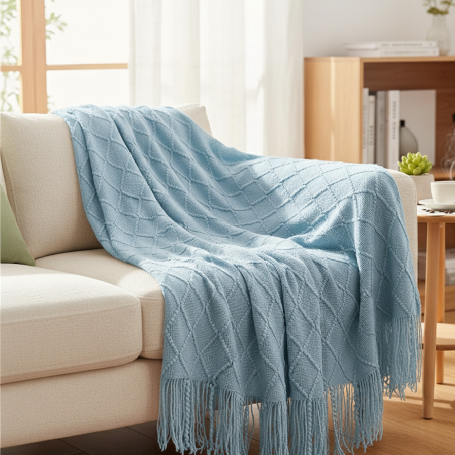 Light blue textured throw blanket draped over a beige sofa in a living room.