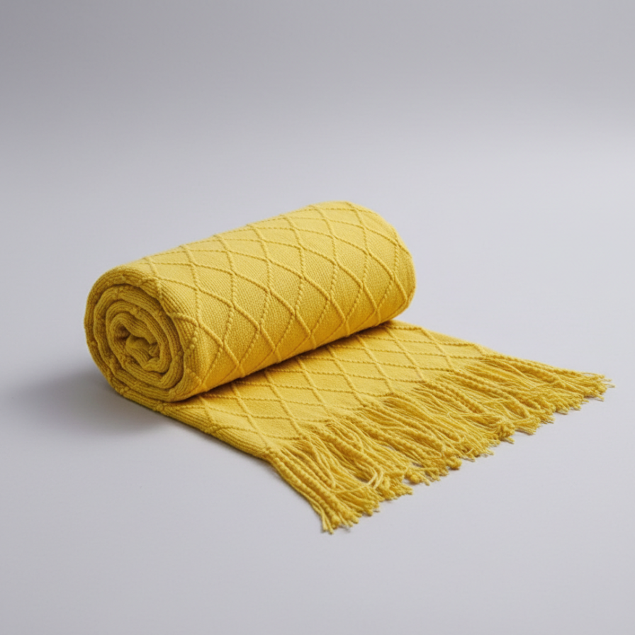 Yellow knitted throw blanket with fringes on a gray background