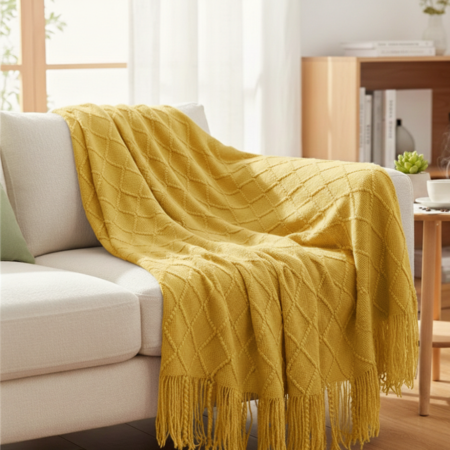 Yellow blanket draped over a white sofa in a living room setting.