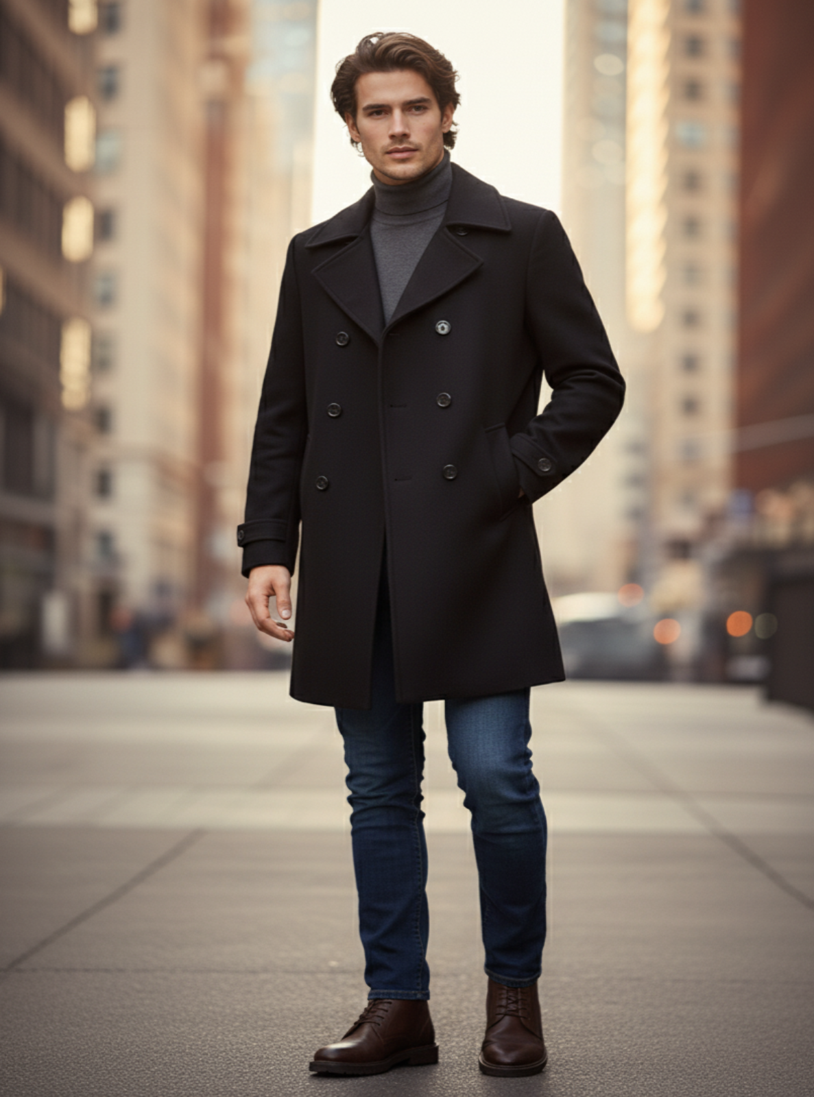 Man wearing a black coat and blue jeans standing on a city street.