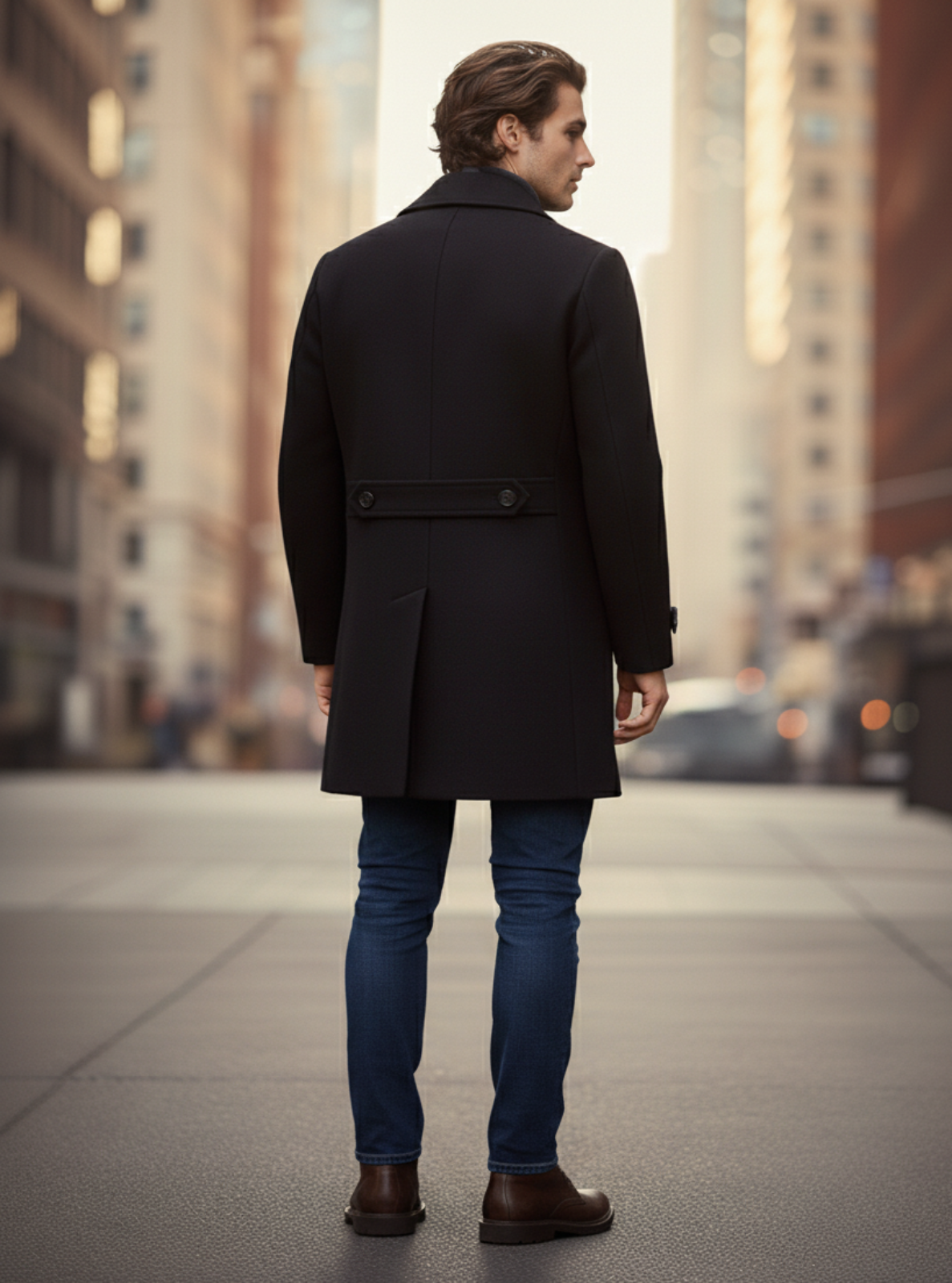 Man wearing a black coat and blue jeans walking on a city street.