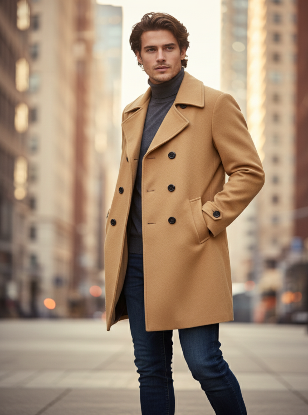 Man wearing a tan coat standing on a city street with tall buildings in the background