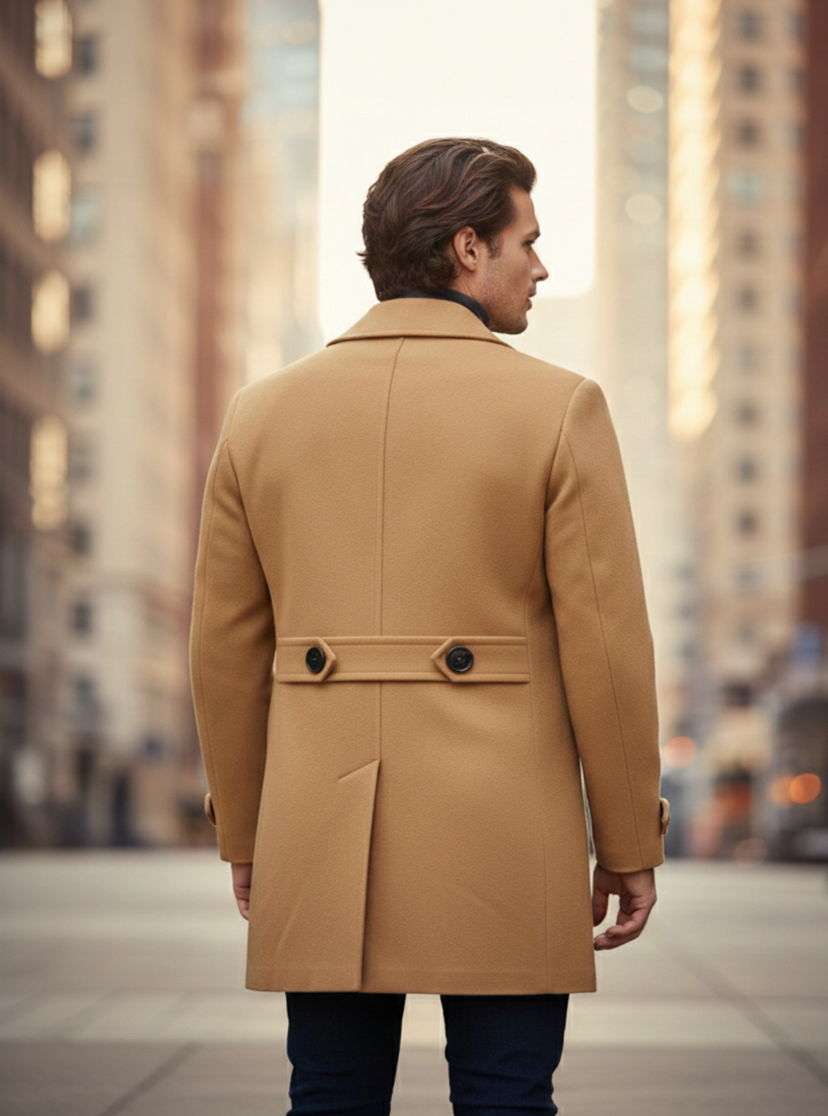 Man wearing a tan coat standing on a city street with blurred buildings in the background