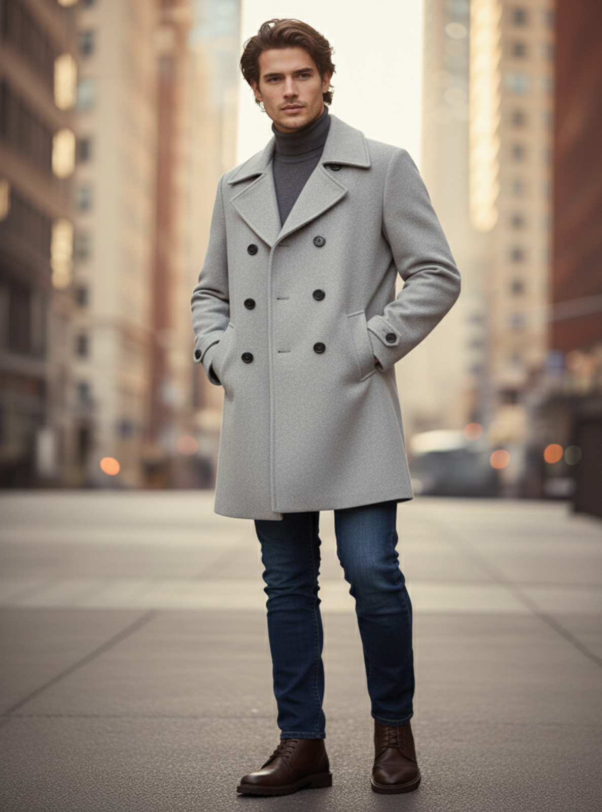 Man wearing a gray coat in an urban setting
