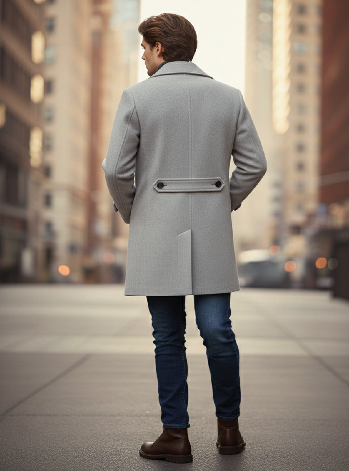 Man wearing a gray coat walking away from the camera in an urban setting