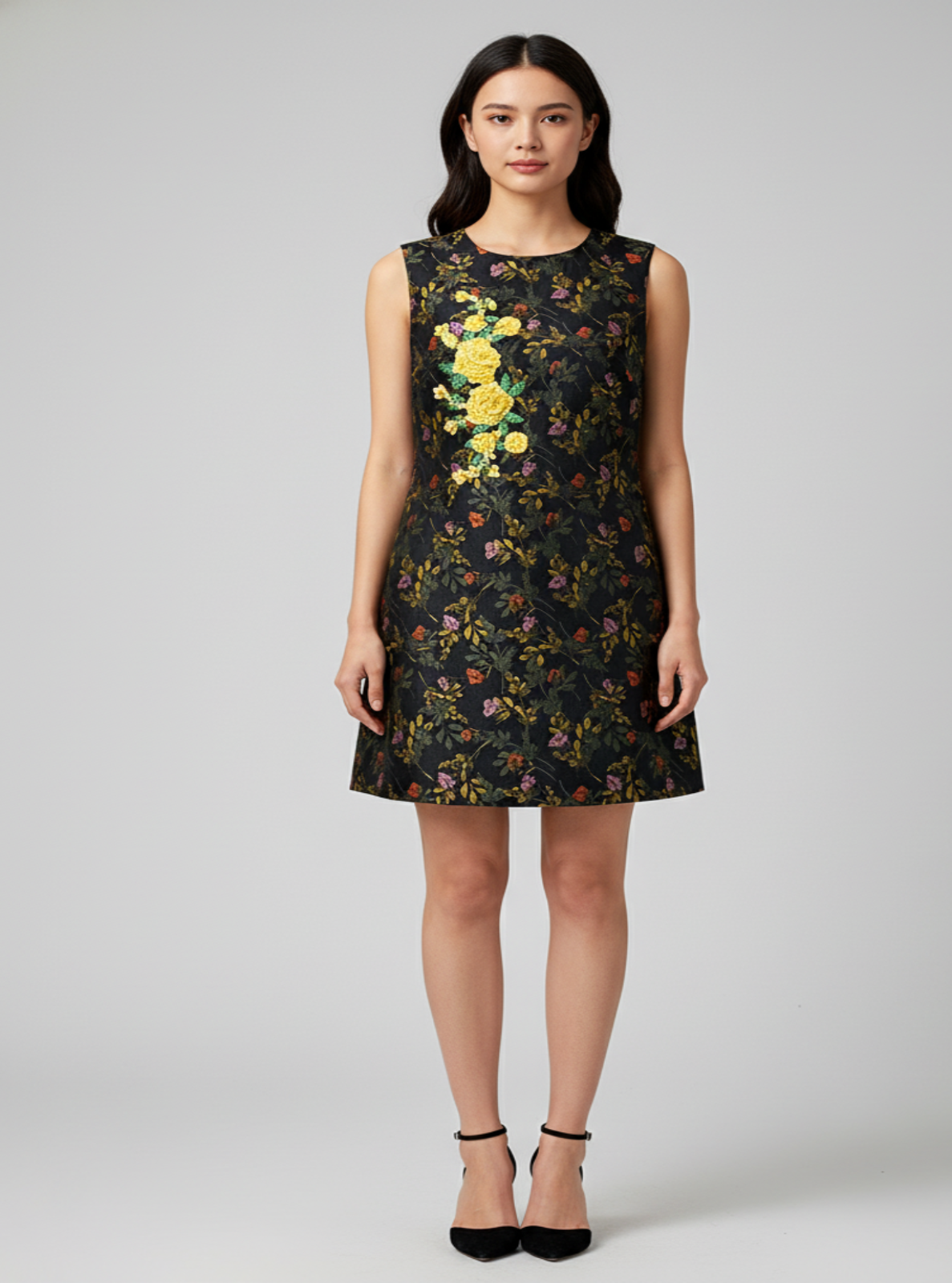 Embroidered Floral Brocade Sleeveless Dress