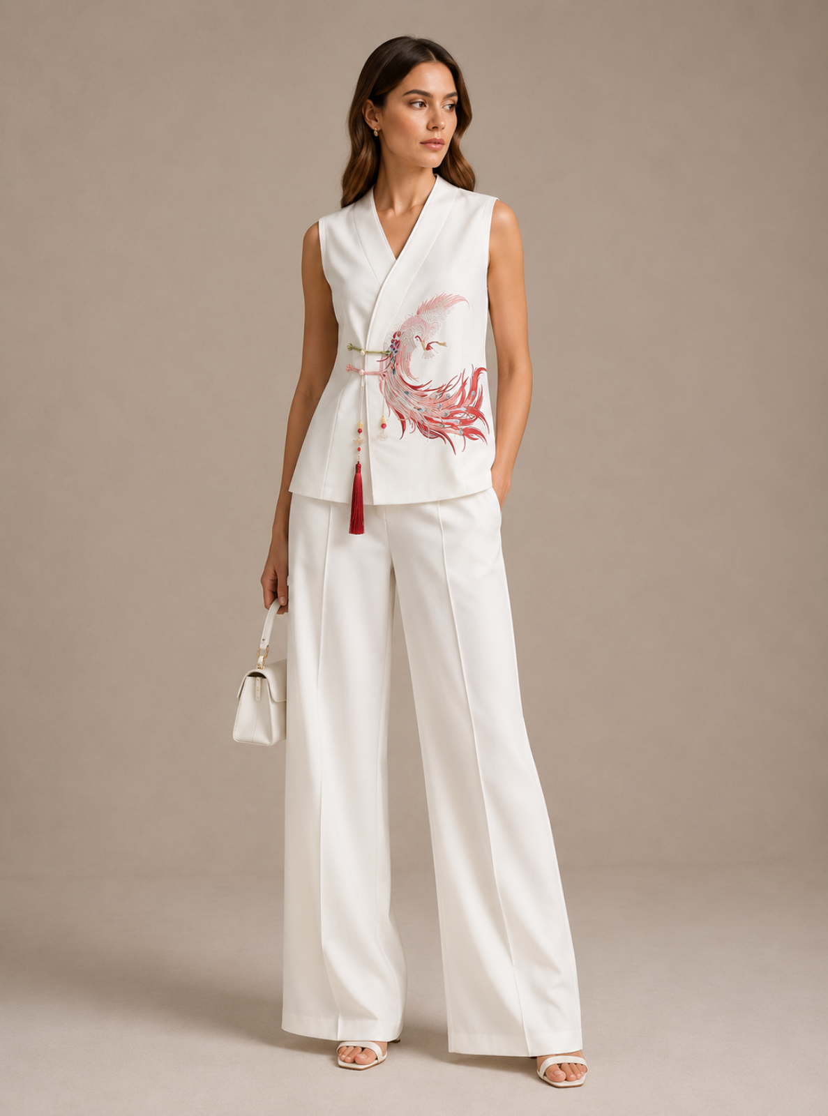 A woman models a white sleeveless wrap-style vest and matching wide-leg pants set, featuring a red and pink fish embroidery on the vest, a red tassel tie belt, and a small white handbag, set against a solid beige studio background.