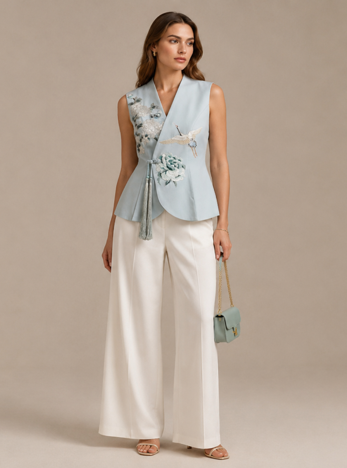 A woman models a sleeveless light blue wrap-style vest with floral embroidery and a tassel tie, paired with wide-leg white pants and a small light blue handbag, against a neutral beige studio background.