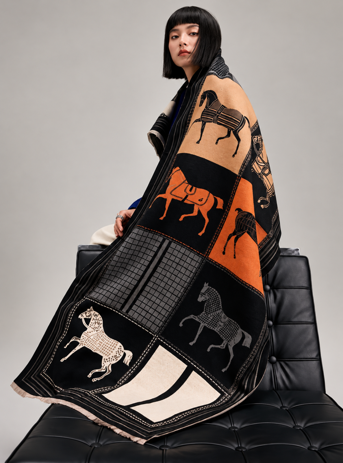 A model wearing a black leather chair, wrapped in a patchwork-patterned scarf featuring horse illustrations in black, orange, and cream.