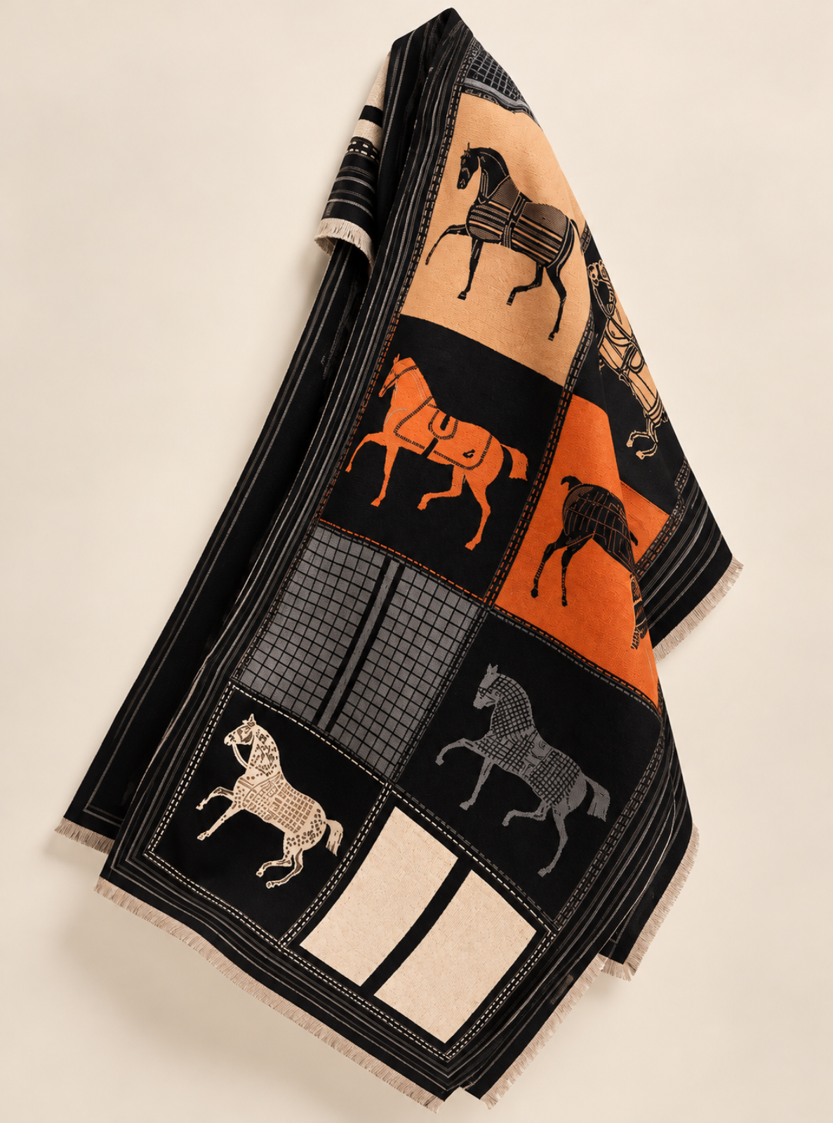 A folded woven textile with a patchwork design featuring stylized horse illustrations in black, orange, beige, and gray on a cream background, with a black border and fringe.