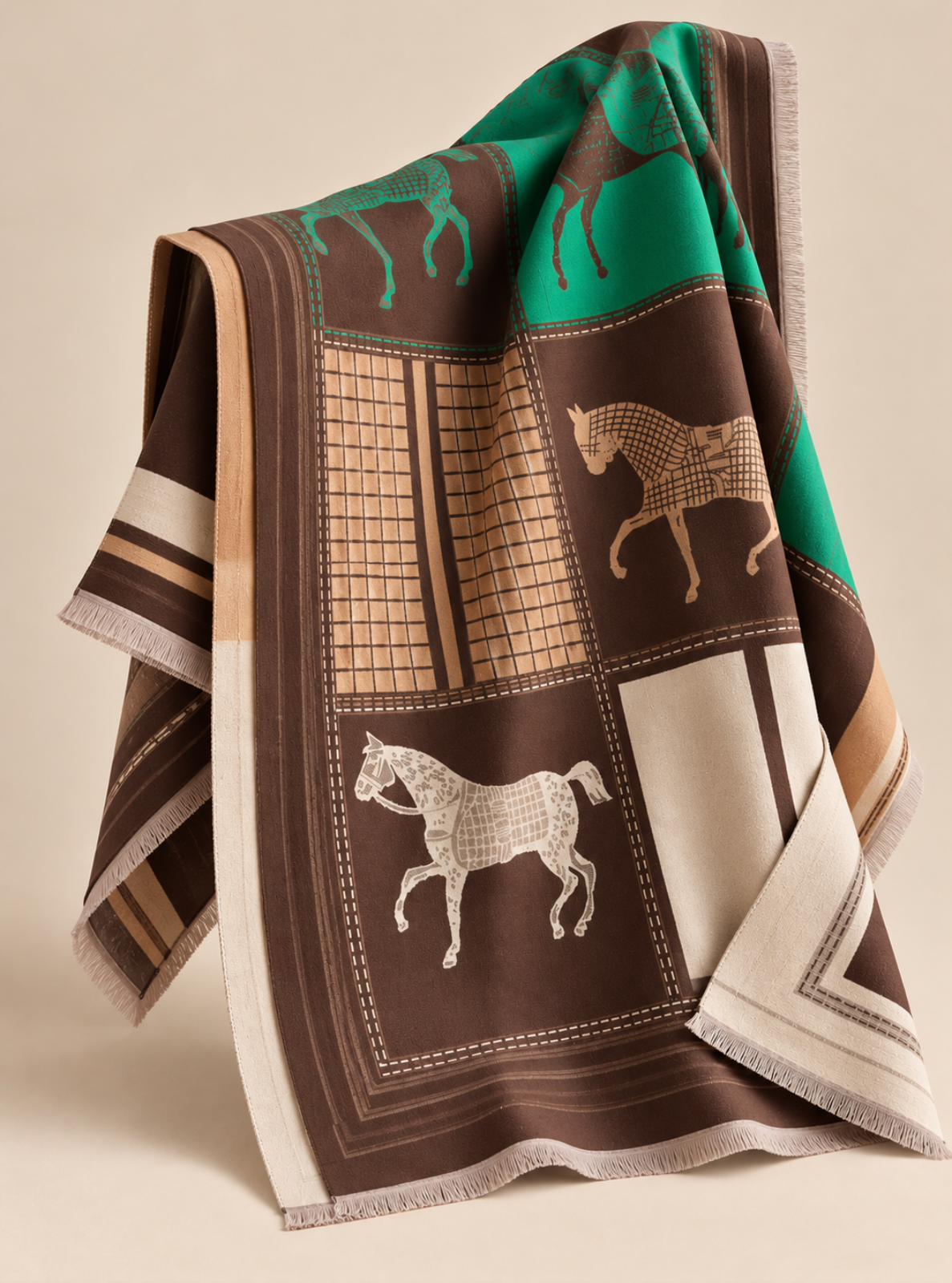 A luxury square scarf draped elegantly, featuring a patchwork design with brown, beige, and green blocks, horse illustrations, and fringed edges on a warm beige background.