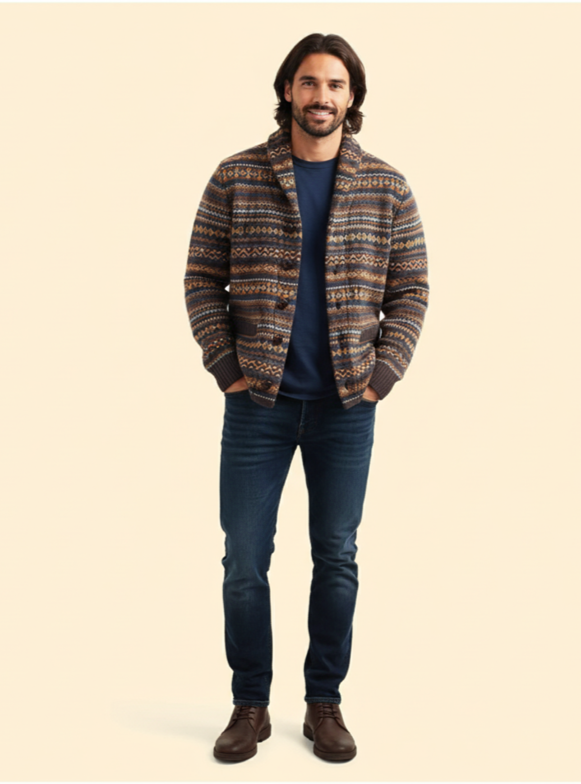 Man wearing a patterned jacket and jeans on a beige background