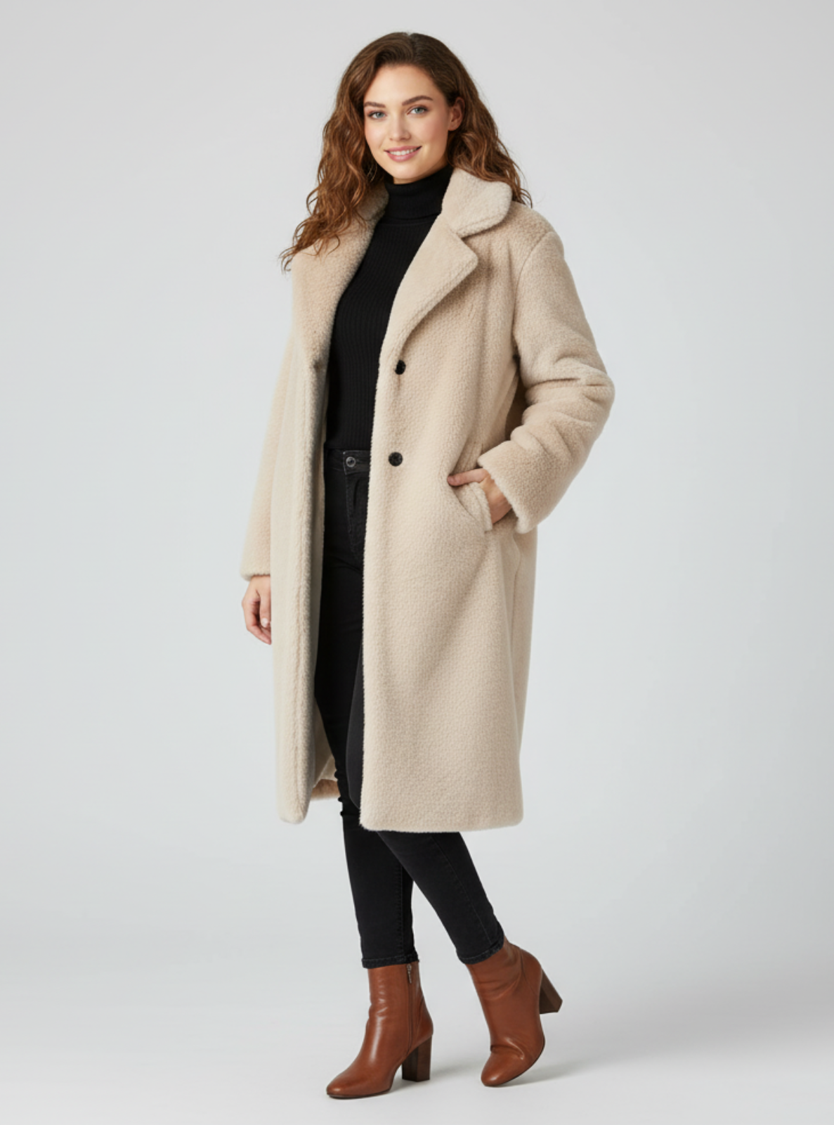 Woman wearing a beige coat on a white background